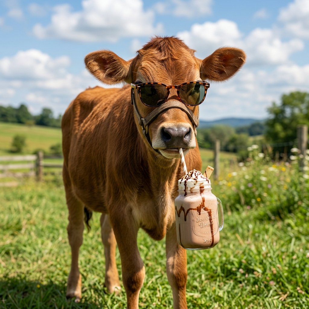 Vaca tranquila con gafas de sol disfrutando de un batido en El Puerto